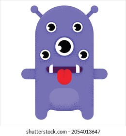 Multi-eyed cute cartoon monster. purple alien with many eyes, sharp teeth, thirsty tongue and head antenna. vector illustration.