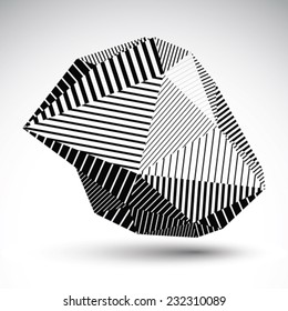 Multifaceted asymmetric contrast figure with parallel lines. Striped monochrome misshapen abstract vector object constructed from graffiti triangles. Stencil element.