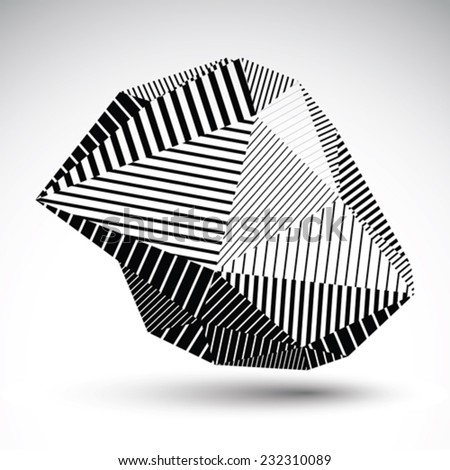 Multifaceted asymmetric contrast figure with parallel lines. Striped monochrome misshapen abstract vector object constructed from graffiti triangles. Stencil element.