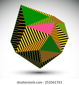 Multifaceted eps8 asymmetric contrast figure with parallel lines. Striped colorful misshapen abstract vector object constructed from graffiti triangles. 