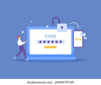 Concepto de autenticación multifactor. Gestionar permisos de acceso a Cuentas en otros dispositivos. enviar y recibir código OTP a Inicio de sesión. sistema de seguridad. tecnología. ilustración diseño conceptual. gráfico
