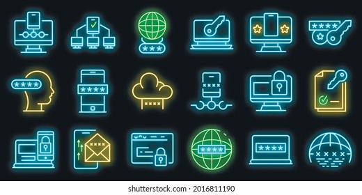 Iconos de autenticación multifactor establecidos. Conjunto de esquemas de iconos vectoriales de autenticación multifactor color neón en negro