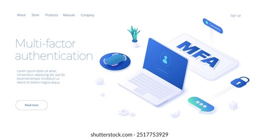 Ilustração de vetor isométrico de autenticação multifator. Serviço ou aplicativo digital com notebook desbloqueado via sms e verificação de ID de toque. Conceito de segurança de informações pessoais e dispositivos