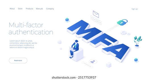 Autenticación de múltiples factores Ilustración vectorial isométrica. Servicio digital o App con portátil desbloqueado a través de sms y escaneo de identificación táctil. Concepto de seguridad de la información personal y del dispositivo