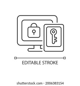 Multi-factor authentication linear icon. Providing two verification factors. Entering password. Thin line customizable illustration. Contour symbol. Vector isolated outline drawing. Editable stroke