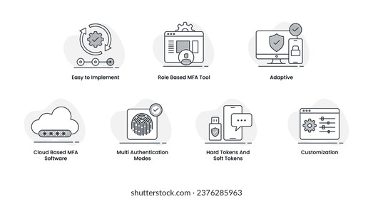 Los iconos de Multi-Factor Authentication (MFA) representan un enfoque seguro para el control de acceso, garantizando la protección de datos a través de múltiples capas de verificación.