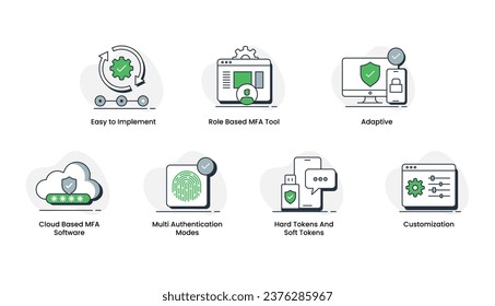 Los iconos de Multi-Factor Authentication (MFA) representan un enfoque seguro para el control de acceso, garantizando la protección de datos a través de múltiples capas de verificación.