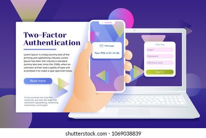 Multi-factor authentication (MFA) SMS code password. Man sits in front of the laptop with phone and getting access to the website two step verification. Design concept from web banner and advertising.