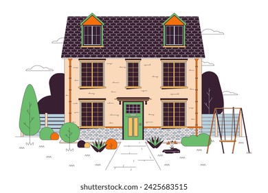 Multifamily home with swing, green yard line cartoon flat illustration. Family dwelling. Front view building exterior 2D lineart object isolated on white background. Estate scene vector color image