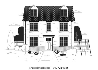 Multifamily home with swing, green yard black and white cartoon flat illustration. Family dwelling. Front building exterior 2D lineart object isolated. Estate monochrome scene vector outline image