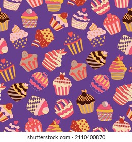 Los cupcakes multiaromatizados son un patrón sin fisuras. Adorables quequitos adornados con cerezas. Perfecto para tarjetas, textiles y prendas de vestir.