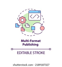 Icono de concepto de publicación multiformato. LCMS presenta una ilustración de línea delgada de idea abstracta. Software de código abierto. Dibujo de contorno aislado. Trazo editable. Fuentes Arial, Myriad Pro-Bold utilizadas