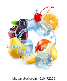 Multifruta con cubos de hielo y salpicaduras de agua, icono vector