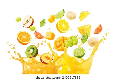 Zumo de frutas múltiples o mezcla de frutas salpicadas en una ola corona de bebida tropical, vector realista. Naranja, mango, manzana y kiwi con piña y lima o uva y plátano en jugosas gotas de salpicadura amarilla