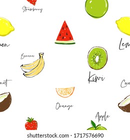 Multifruit seamless pattern with banana, kiwi, coconut, apple, lemon, watermelon, strawberry and orange. Cute fruit elements, hand drawn vector graphics. Background for food industry.