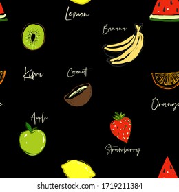 Multifruit seamless pattern with banana, kiwi, coconut, apple, lemon, watermelon, strawberry and orange. Cute fruit elements, hand drawn vector graphics. Black background for food industry.