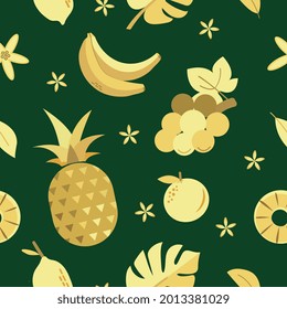 Multi-fruit seamless pattern in glittering gold color on green background. Surface backdrop for textile, wallpaper, and wrapping paper. Vector illustration. Pattern design added to swatch panel.