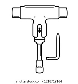 Multi-Function All-In-One portable skate tool (T-tool) for skateboard, longboard, electric skateboard. Vector flat outline icon illustration isolated on white background.
