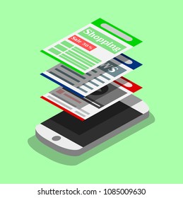 Multi-function Concept of modern mobile application for smart phones with green background