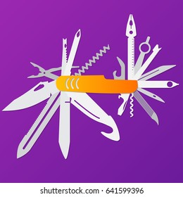 multifunction flat knife illustration,Swiss knife, multipurpose penknife, army knife vector.
