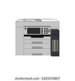 Multifunction Inkjet Printer or Photocopier in white color. Realistic A3 ink tank large printer vector illustration with paper cassette in compact design. Editable graphic resources for many purposes.