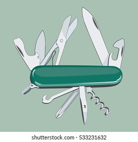 Multifunction knife, pocket knife, Swiss knife, multipurpose penknife, army knife. Isolated vector illustration