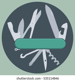 Cuchillo multifunción, cuchillo de bolsillo, cuchillo suizo, cuchillo multipropósito, cuchillo militar. Ilustración vectorial plana aislada