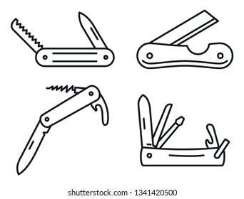 Multifunction penknife icons set. Outline set of multifunction penknife vector icons for web design isolated on white background