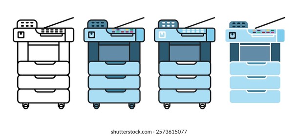 Multifunction photocopy machine with scanner set, minimalist flat illustration with outline. Printer and copier machine for office work. Vector illustration in flat style.