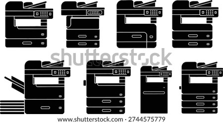 Multifunction printer and office photocopier silhouette icon set