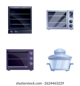 Multifunction stove icons set cartoon vector. Various type of modern oven. Professional kitchen appliance