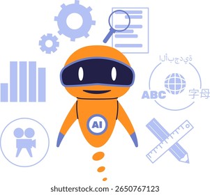 Multifunctional AI Assistant for Language Learning, Media Content Creation, and Data Analysis. Flat Vector Illustration of Artificial Intelligence in Modern Education and Productivity.