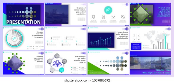 Multifunctional blue, green presentation templates. Vector infographic, set, elements, white background. Postcard, corporate report,marketing,advertising,banners.Track, digital,photo,web,annual report