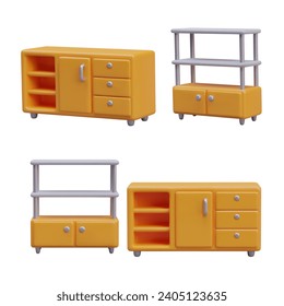 Aparcamiento multifuncional de aparador y soporte para rack de almacenamiento, vista frontal y lateral. Conjunto de muebles para casa, oficina, escuela, hospital. Plantillas vectoriales en estilo de dibujos animados. Estantes vacíos y mesas de trabajo