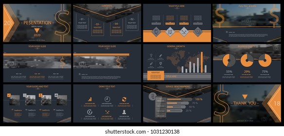 Multifunctional orange presentation template. Vector set, elements of infographics, dark blue background. Flyer, postcard,corporate report, marketing,advertising,banners.Slides, photos, annual report