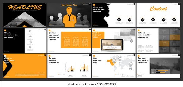 Multifunctional orange presentation template. Vector infographic, set, elements, white background. Postcard, corporate report, marketing, advertising, banners.Track, digital, photo, web,annual report
