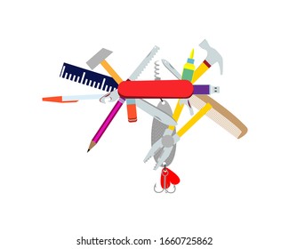 Multifunctional pocket folding tool. Parody. Vector illustration.