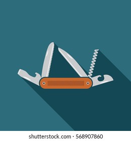 Multifunctional pocket knife icon. Flat design of hiking and camping equipment tool, vector illustration with long shadow.