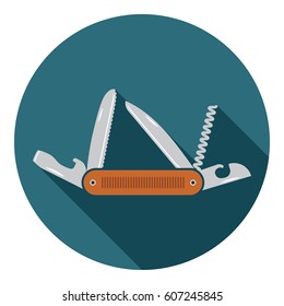 Multifunctional pocket knife icon. Flat design of hiking and camping equipment tool, vector illustration with long shadow.