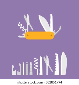 multifunctional pocket knife icon and set of multitool equipment for camping, hiking, flat design