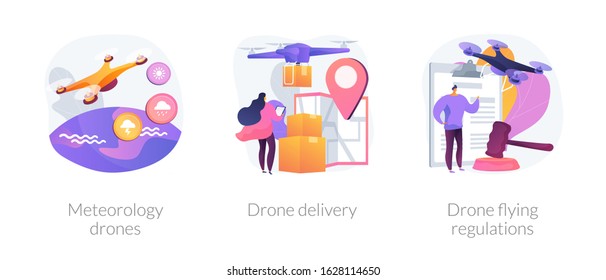 Multifunctional quadrotors for industrial usage. Quadcopters in postal service. Meteorology drones, drone delivery, drone flying regulations metaphors. Vector isolated concept metaphor illustrations