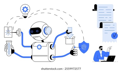 Multifunctional robot with mechanical arms holding various tools and devices, alongside lab technician and documents. Ideal for technology, automation, robotics, innovation, and research themes