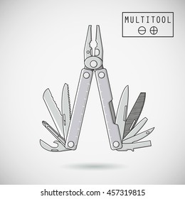 Multifunctional tool, typically in the form of hollow folding pliers handles which are hidden. Vector. Isolated