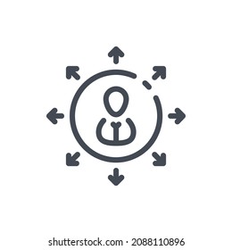 Icono de línea Multifuncionalidad y Versatilidad. Persona en círculo con flechas apuntando hacia fuera del símbolo de contorno vectorial.