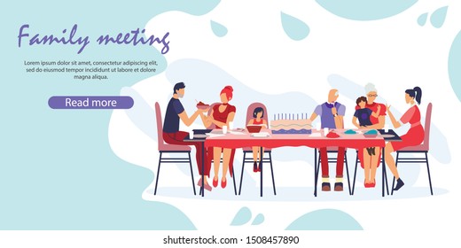 Multigeneration Family Celebrating Birthday at Home Sitting around Table with Parents and Children. Young and Senior Generations Spend Time Together Cartoon Flat Vector Illustration, Horizontal Banner