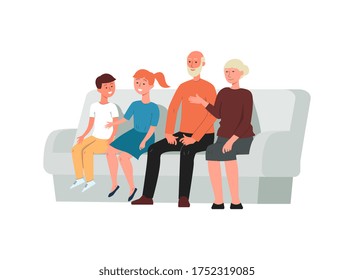 Multi-generation family - grandparents and grandchildren cartoon characters posing sitting on sofa, flat vector illustration isolated on white background.