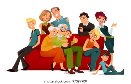 multi-generation family posing on a red sofa