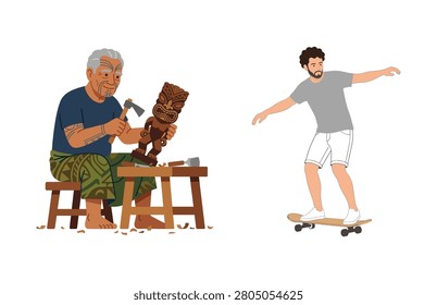A multi-generational active lifestyle collection showing a creative senior woodcarver making a statue and a young man skateboarding vector set.