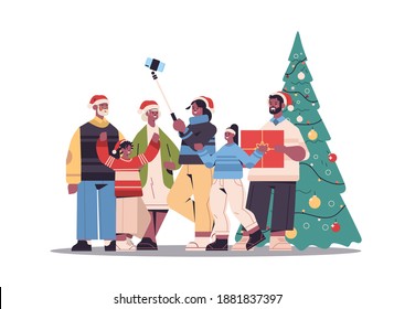 multigenerational african american family in santa hats taking selfie photo on smartphone camera near christmas tree new year holidays celebration concept horizontal full length vector illustration