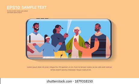 multigenerational african american family using selfie stick taking photo on camera smartphone screen copy space horizontal portrait vector illustration